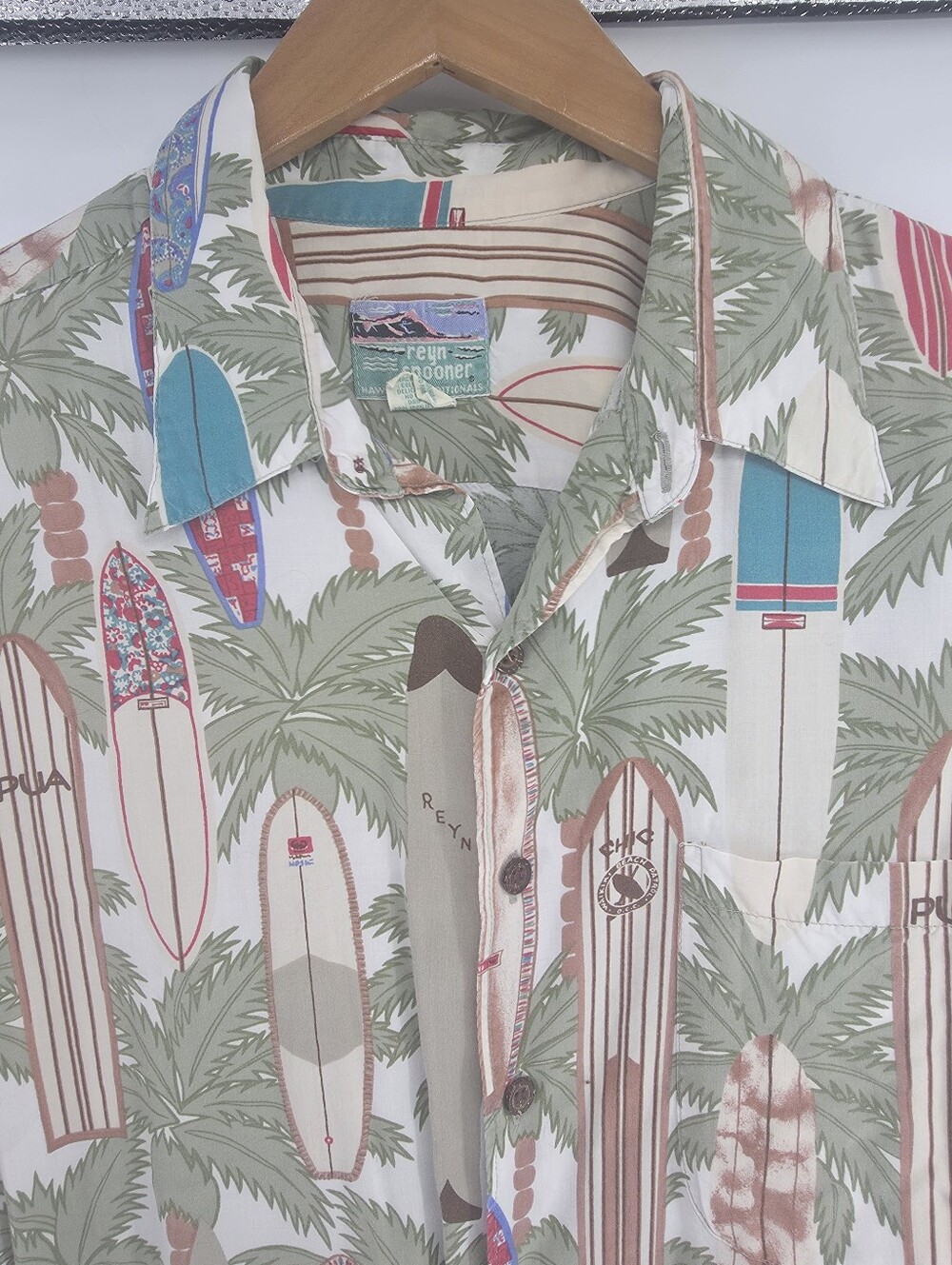 reyn spooner Palm & Surf Surfboard Print Shirt - Mint, Beige, Turquoise, Red